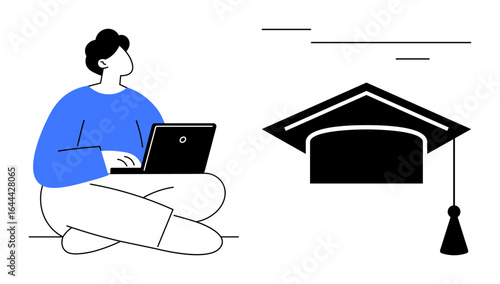 Person seated with a laptop next to a hanging graduation cap, symbolizing online learning, education, academic growth, virtual classes, career preparation, knowledge acquisition, and self-paced
