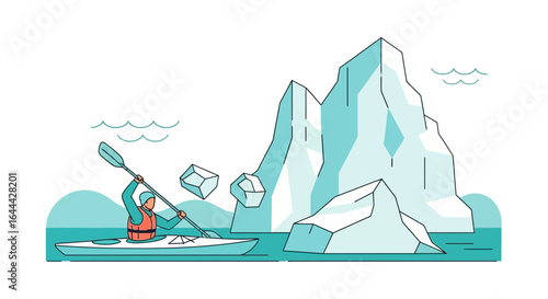 Kayaker explores arctic icebergs in a line art style illustration for adventure tourism
