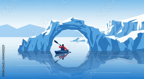 Kayaker exploring icy landscape with reflections and glaciers minimal illustration