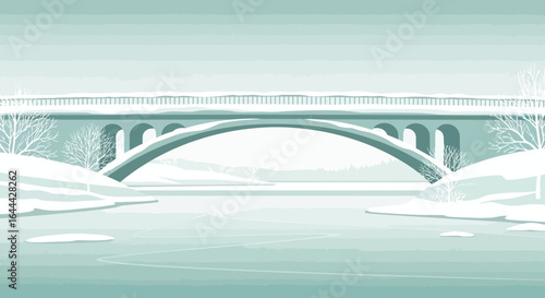 Minimalist winter landscape with snow-covered bridge and frozen river vector illustration