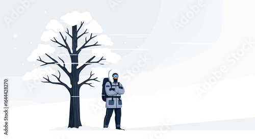Minimalist winter scene featuring a lone hiker standing by a snow-covered tree