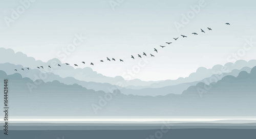 Misty Mountain Scenery With Migrating Birds In Flight Beautiful Minimalism