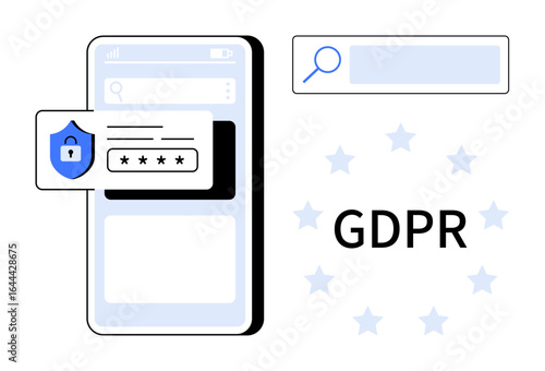 Mobile phone with secure login shield icon and password field, GDPR text and search bar. Ideal for data protection, privacy compliance, user security, EU regulations, encryption, mobile apps, simple