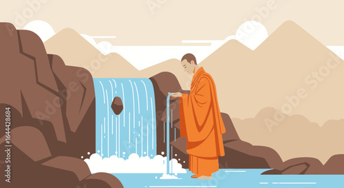 Monk in nature meditating near a waterfall in orange robes with a peaceful background illustration