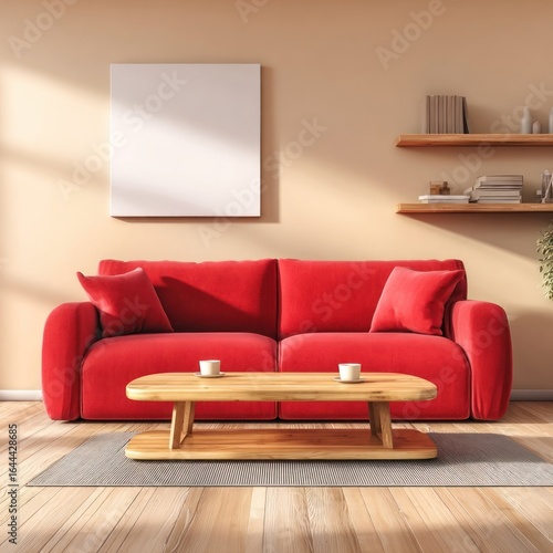 Red sofa in a beige living room