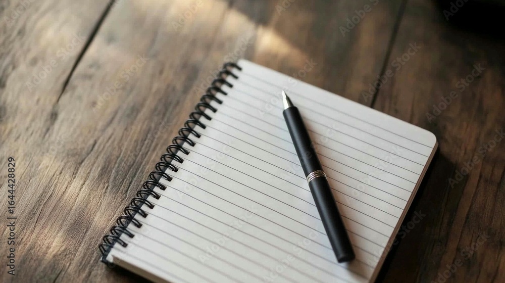Naklejka premium Blank Notebook, Pen, Wooden Table