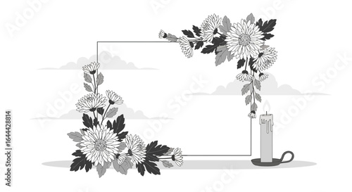 Monochrome Sympathy Frame with Chrysanthemums and Candle for Remembrance and Condolences