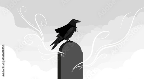 Monochrome illustration of a raven perched atop a tombstone creating a somber atmosphere with whimsical smoke accents
