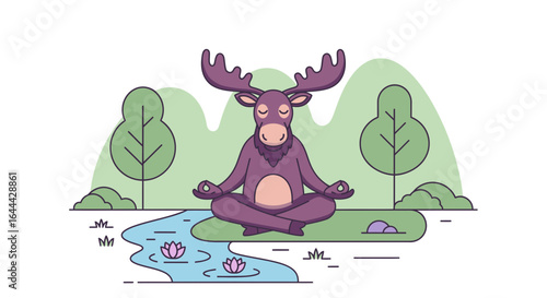 Moose in a serene lotus pose, finds inner peace amidst tranquil nature scenery