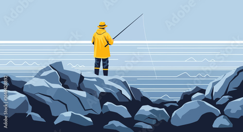 Lone fisherman casting rod on rocky shore evoking serene coastal scene and outdoor recreation on blue ocean backdrop
