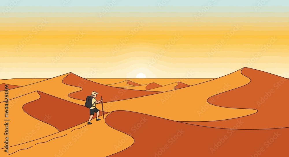 Fototapeta premium Lonely adventurer trekking across the vast desert sand dunes towards the setting sun