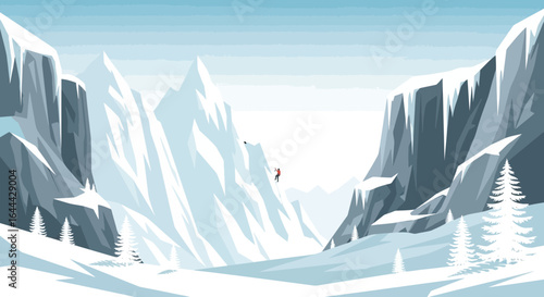 Mountain climber in a frozen winter landscape with majestic snow-covered peaks and pine trees creates a sense of adventure