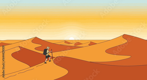 Lonely adventurer trekking across the vast desert sand dunes towards the setting sun