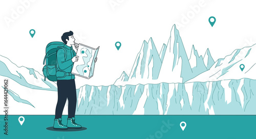 Lost Hiker Navigating Mountain Terrain with Map and GPS Markers, Illustrating Travel Challenges