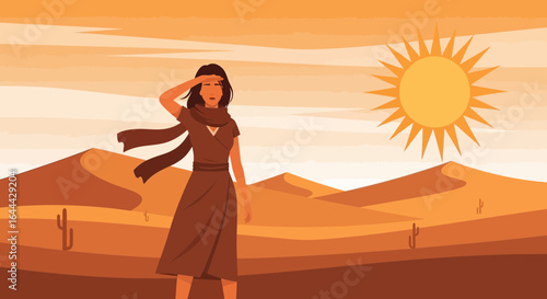 Lost woman in desert landscape with heatwave background searching for help