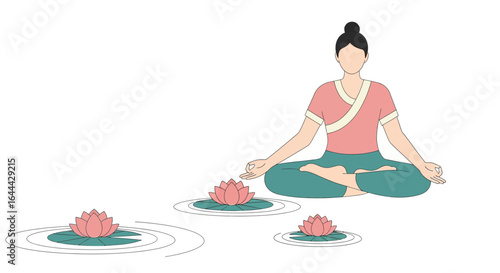 Lotus meditation: A mindful woman finds inner peace amidst floating lotus flowers