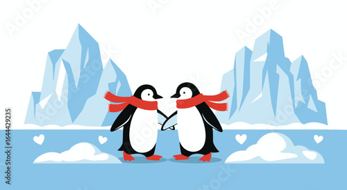 Lovely Penguin Pair In Arctic Landscape Sharing Valentine's Day Embrace