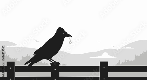Mysterious Raven Perched on a Fence Holding a Key with a Sherlock Holmes Hat