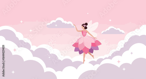 Magical fairy dances gracefully amidst soft clouds in a dreamlike pink sky