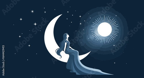 Mystical scene with a woman on the moon looking at a bright star radiating light
