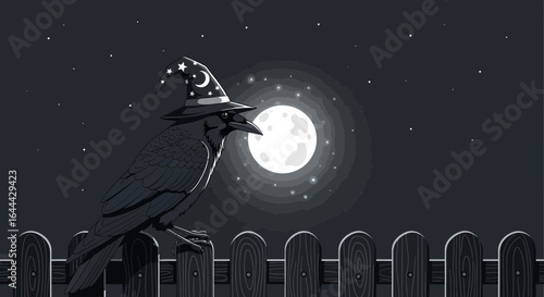 Magical night raven in witch hat perched on fence under a bright moonlit sky