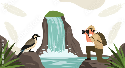 Nature Enthusiast Photographer Capturing Wildlife Scenery near the Waterfall