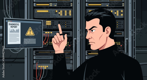Network Administrator Analyzing Diagnostic Report in Data Center Server Room