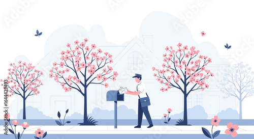 Mailman Delivering Mail in a Serene Neighborhood with Blooming Cherry Blossom Trees