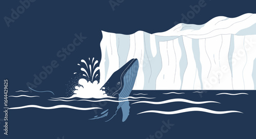 Majestic breaching whale in arctic waters with iceberg scenery illustration