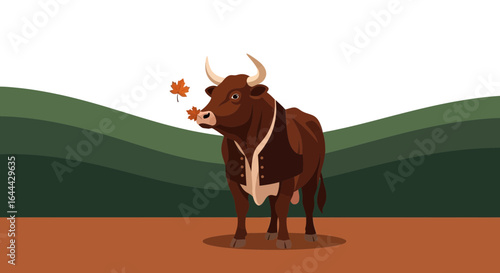 Majestic bull with autumn leaves, portrayed in a delightful flat vector illustration