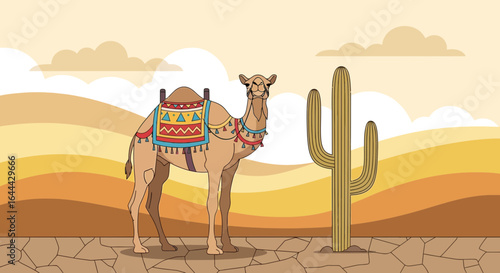 Majestic camel and cactus in the serene desert landscape with a touch of artistic flair