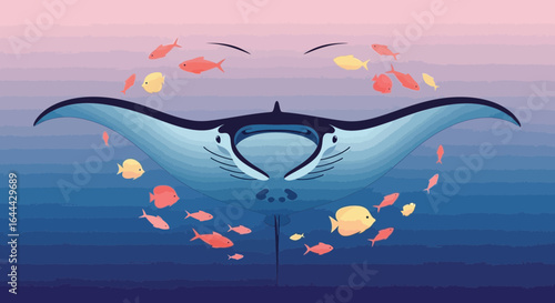 Oceanic harmony: Manta ray gracefully swimming amidst a vibrant school of fish artwork