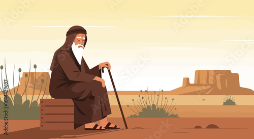 Old man sitting with cane in desert landscape illustration with a vintage feel