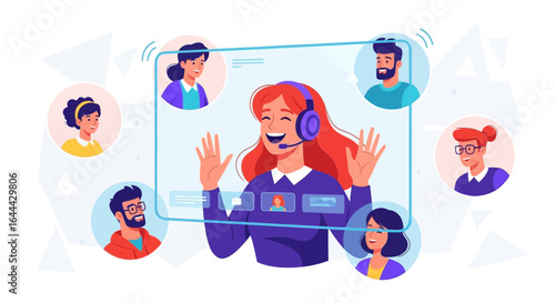 Online virtual meeting illustration with smiling woman and colleagues sharing ideas and collaborating remotely using conferencing application