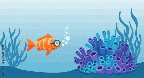 Orange Funny Fish Exploring Coral Reef Seaweed Undersea World Cartoon Graphic