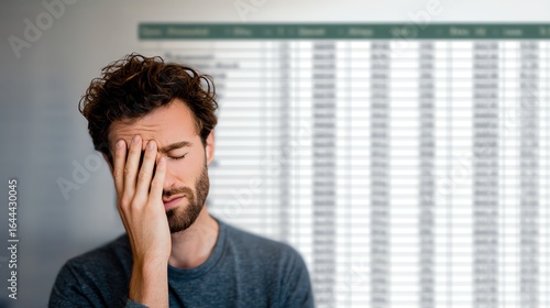 A man looks stressed, holding his head in frustration, with a spreadsheet in the background suggesting a challenging work environment.