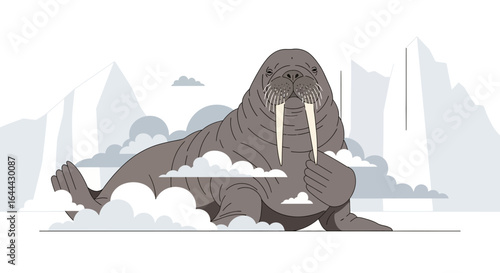 Majestic walrus illustration amid arctic landscape and cloudy elements for nature themed designs
