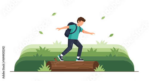 Man balancing on a log during a nature hike adventure, enjoying the tranquility and challenge of outdoor exploration with light flat illustration