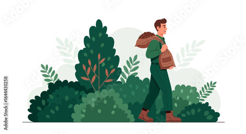 Man carrying bag of harvest or leaves in rural autumn landscape illustration