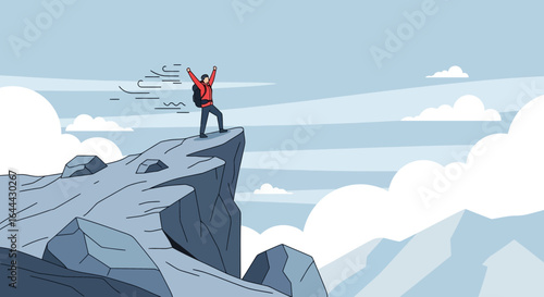 Man celebrating success on mountain peak, achievement in mountaineering cartoon vector illustration symbolizing ambition and triumph