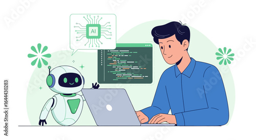 Man collaborating with AI-powered robot for coding and software development tasks in modern workspace