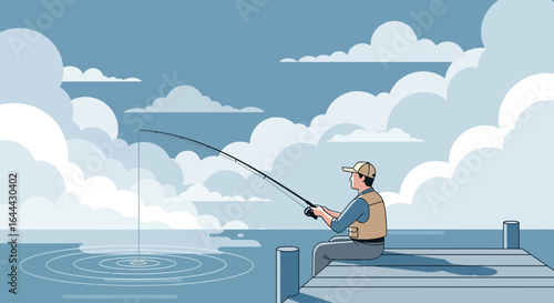 Man enjoying fishing on a dock under a cloudy sky in serene vector illustration