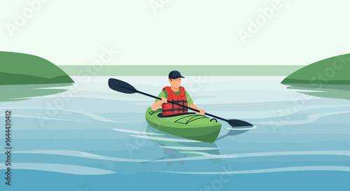 Man enjoys kayaking on a calm river surrounded by nature, embodying recreation and summer fun showcasing healthy outdoor lifestyle
