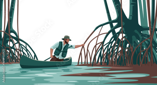 Man Exploring a Mangrove Forest in a Canoe, Discovering the Beauty of the Natural Habitat