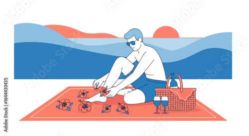 Man enjoying beach picnic with floral touch and oceanic backdrop illustration
