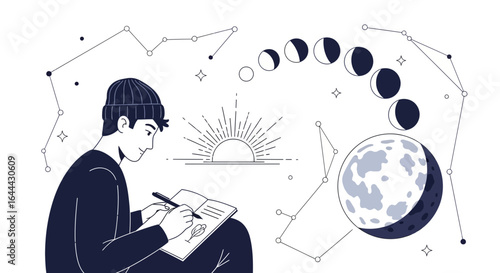 Person Drawing Celestial Scene In A Sketchbook On White Background