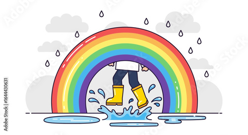 Person in yellow rain boots walking through a puddle under a vibrant rainbow colorful weather