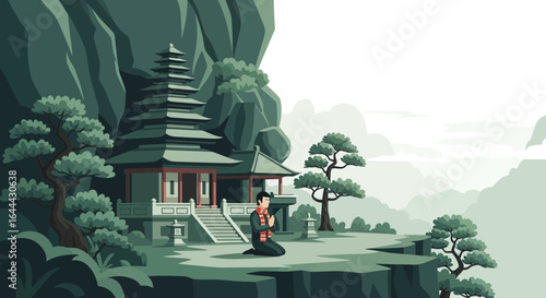 Person in meditation at a temple on a mountain cliff surrounded by nature and pagoda in peace and serenity for spiritual harmony