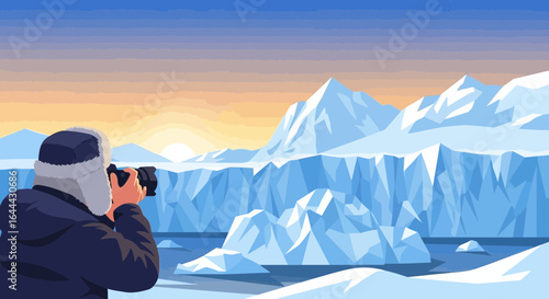 Photographer capturing the icy arctic landscape at sunset a moment of adventure
