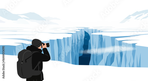 Photographer Capturing the Majesty of a Crevasse in a Snowy Arctic Landscape during Expedition